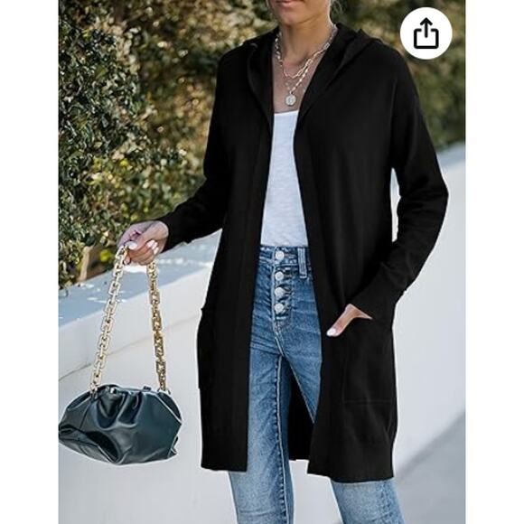 Women's Medium Black Long Sleeve Open Front Hoodie Knit Sweater Cardigan Outwear - Picture 2 of 12